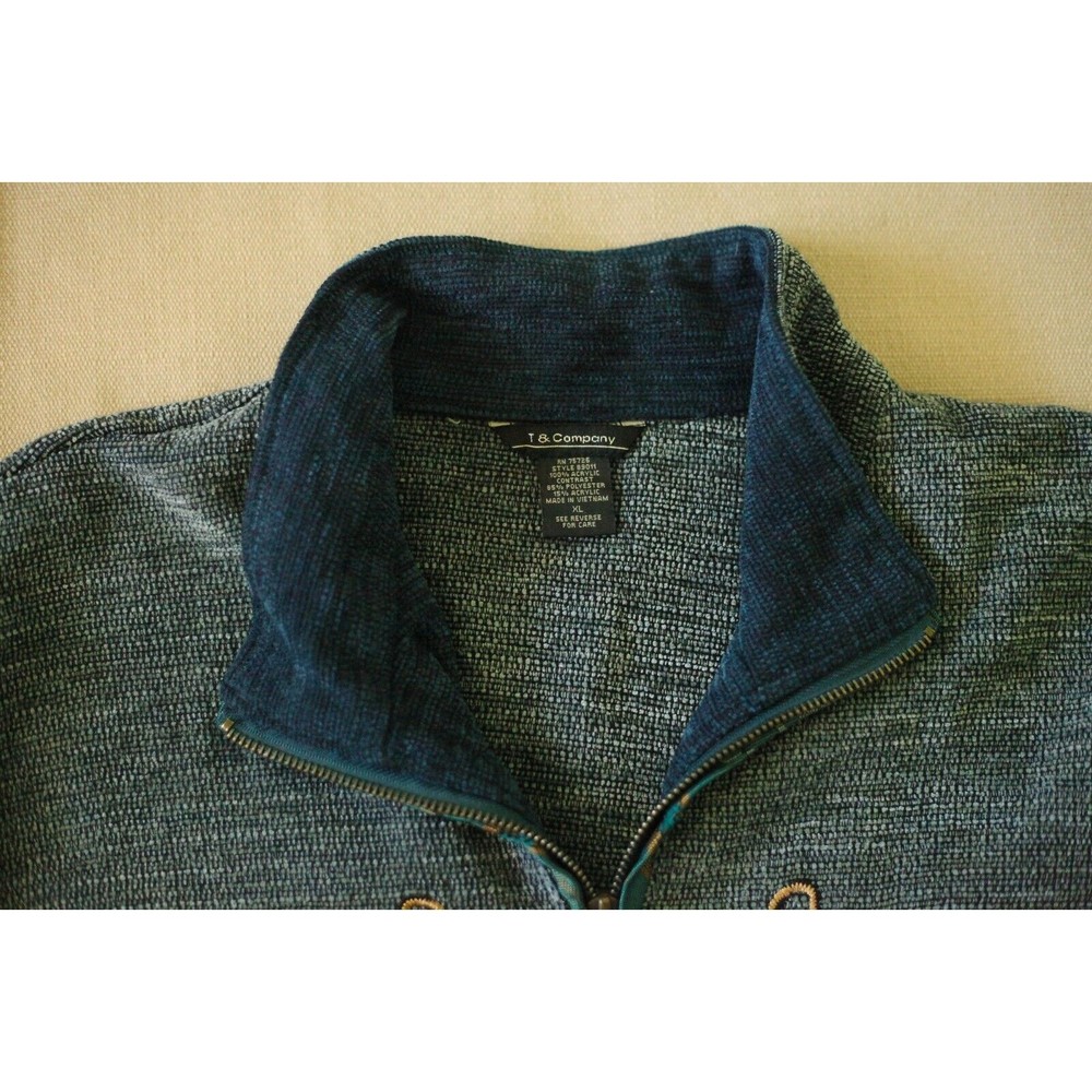 T & COMPANY Sz XL Womens Acrylic Embroidered Lounge Jacket Blazer Full Zip Blue - Picture 5 of 7